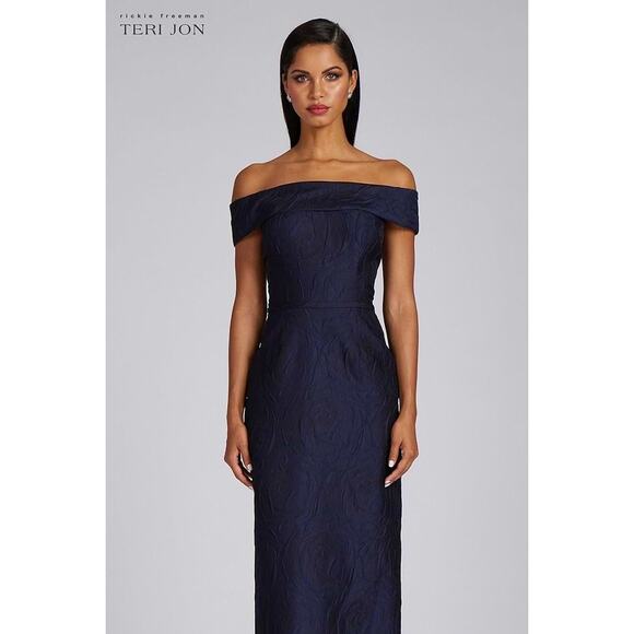 Teri Jon Rickie Freeman Navy Off Shoulder Jacquard Gown Formal Dress 6 Wedding - Picture 6 of 15